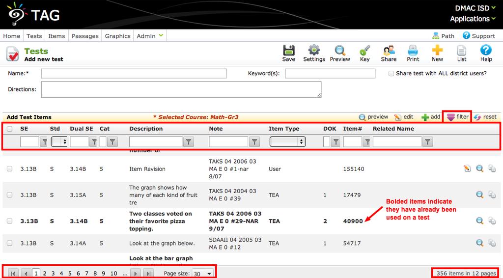DMAC Solutions: Creating Tests in TAG Page 3 of 11 Column Headings 1. Click on Column Headings (e.g., SE, Std, Dual SE, etc.) to sort information.