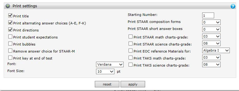 DMAC Solutions: Creating Tests in TAG Page 8 of 11 Test Icon: Print Settings Customize your print settings for your test by clicking on the settings icon located at