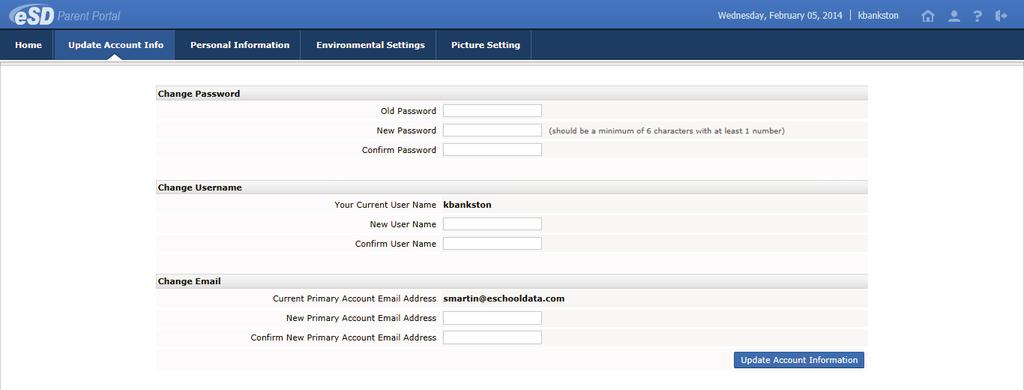 Updating Account Info Parents/guardians can update account information at any time. Click the My Account icon at the top right of the Portal screens. The Update Account Info tab is the default tab.