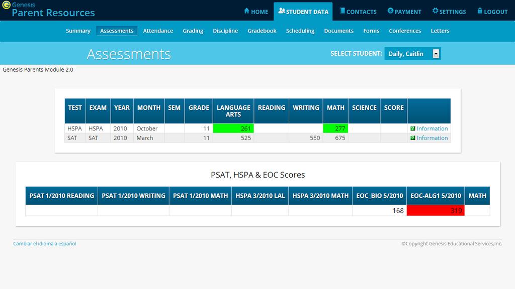 Assessments Assessments shows your student s standardized test scores List of Standardized Test Scores The top section lists your student s standardized test scores: Views