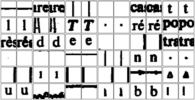Figure 4. LEFT PANELS Examples of windows that are used for training and compressing the CCITT test page number 5. RIGHT PANELS Reconstructions provided by the algorithm.