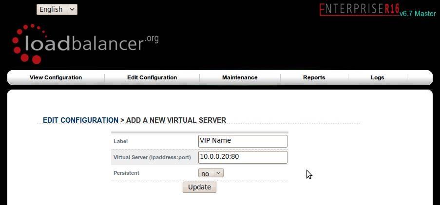 Configuring the virtual servers (VIP) in two-arm NAT mode Layer 4 configuration You need to tell the master load balancer which service you want to load balance Use Edit Configuration > Logical Layer