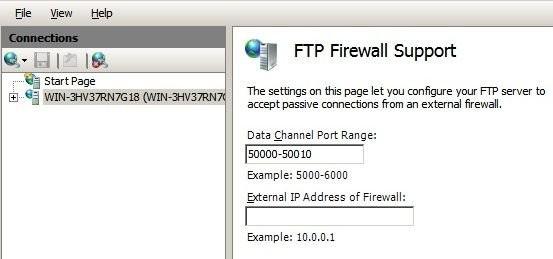 The following screen will be displayed: Enter the required port range in the Data Channel Port Range field and apply the changes. These settings will apply to all FTP sites created on the server.