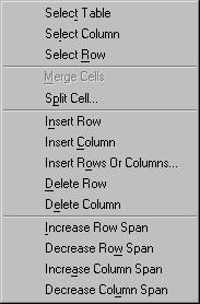Right-click menu options as shown next that appear when the cursor is in an HTML table in the Table submenu.