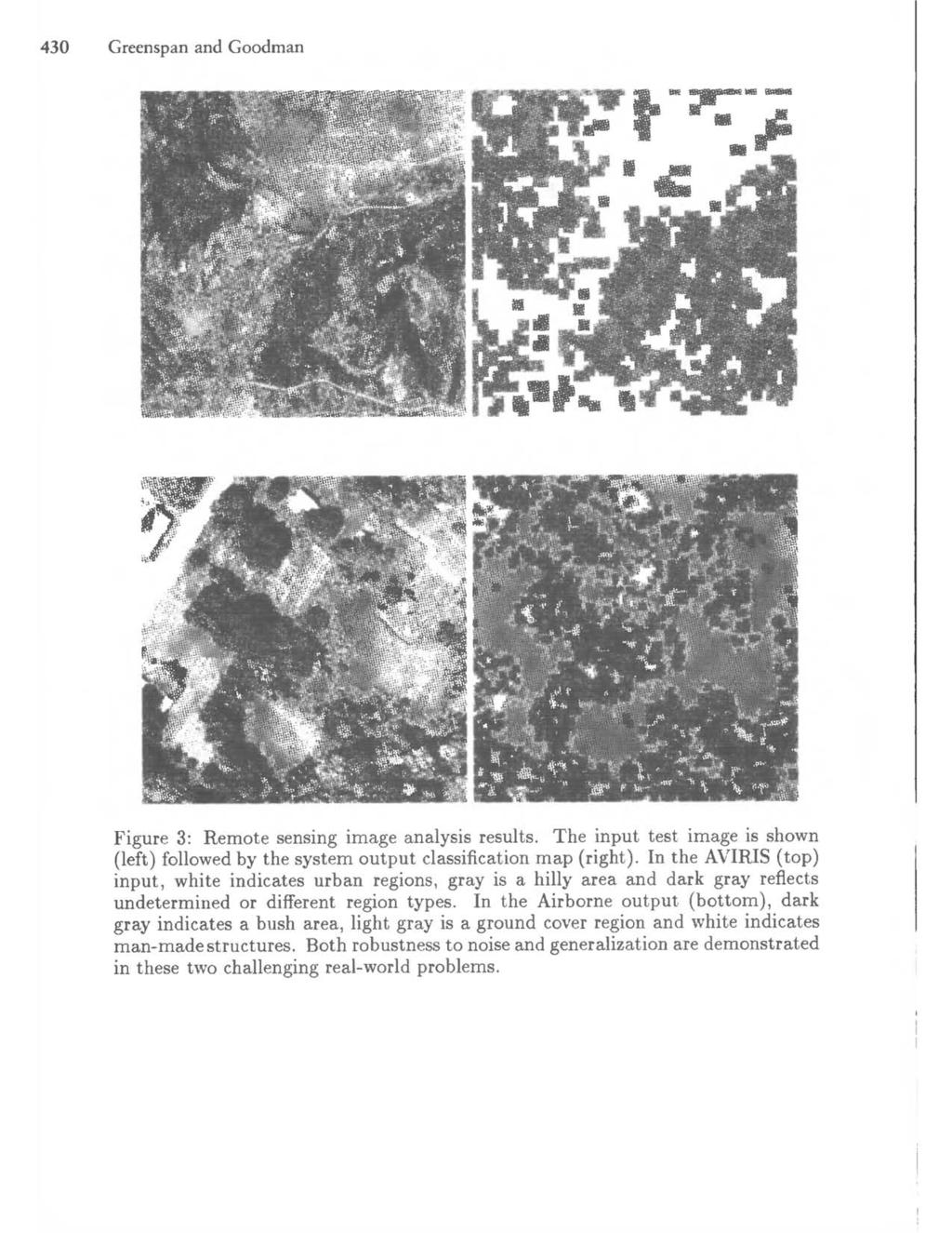 430 Greenspan and Goodman Figure 3: Remote sensing image analysis results. The input test image is shown (left) followed by the system output classification map (right).