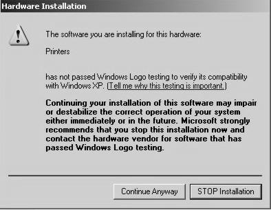 h. You may see a notice like the one shown here stating that the Accent Disc Laminator has not passed Windows Logo Testing.