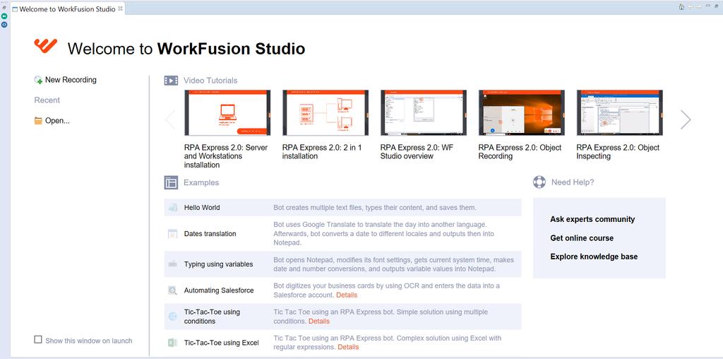 If the Welcome to WorkFusion Studio window is empty, click