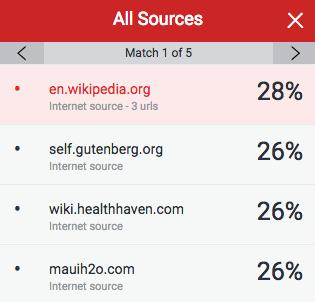 All Sources Turnitin In the All Sources side panel, all of the sources that have been found are displayed and sorted by highest percentage to lowest percentage match.