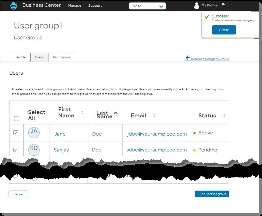 Adding a user group (4 of 5). The screen refreshes and displays a success message. 2. The users you may add to the group are listed. To add all users to the group, click the Select All checkbox. 3.