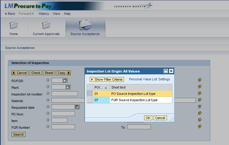 3. Select the inspection lot origin by clicking the PO Source Inspection