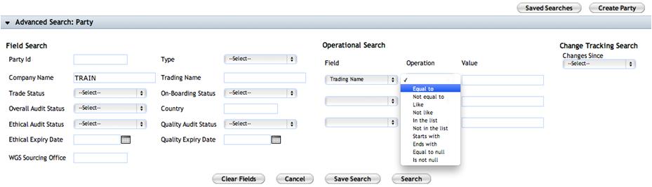 1 1 Field Search allows you to search by field. The default operator is like or includes. Operational Search allows you to search using available operators.
