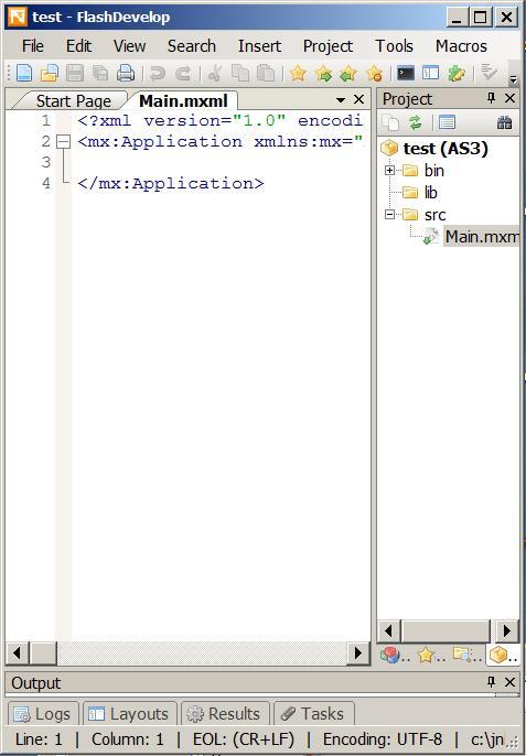 OpenStax-CNX module: m34631 11 FlashDevelop text editor showing skeleton code for a Flex