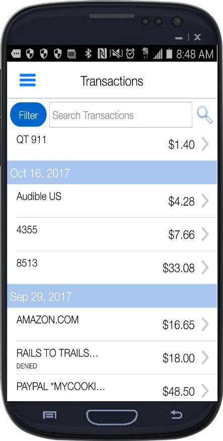 Transactions screen with filter enabled The second way is to tap the Filter button to display additional search fields. You may select or enter information in one or more fields.