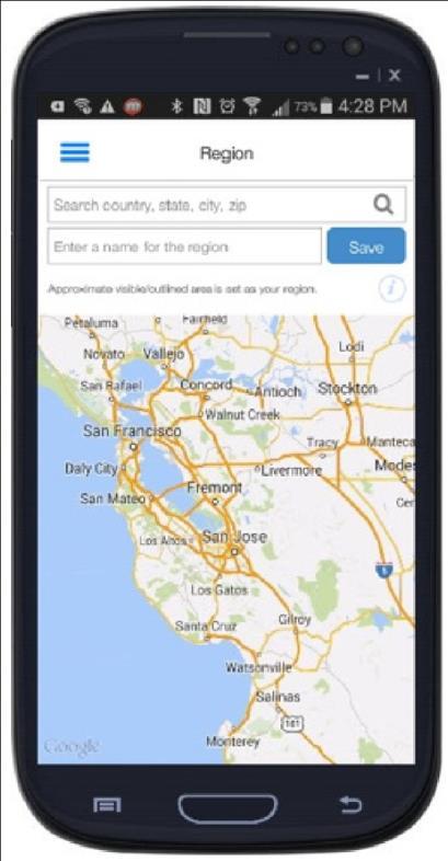 1. On the Location Controls screen, turn on My Regions. An interactive map opens. My Regions 2. Search for an area, then zoom in or out to define the region on the map. 3.