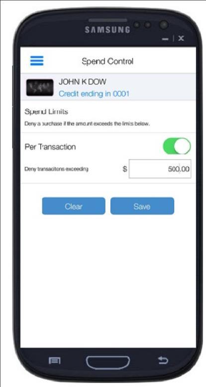 Setting Spend Limit Controls To specify a transaction amount above which transactions are to be denied, 1. On the Control Preferences screen, tap Spend Limits. 2.