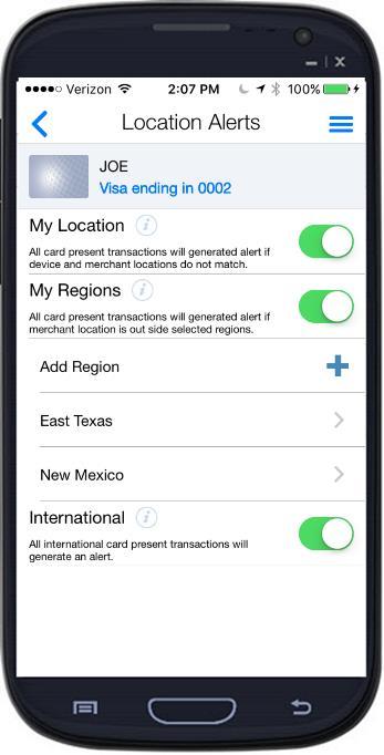 International Enabling the International alerts function generates alerts for all in-store or card-present transactions outside of the home country (U.S.).