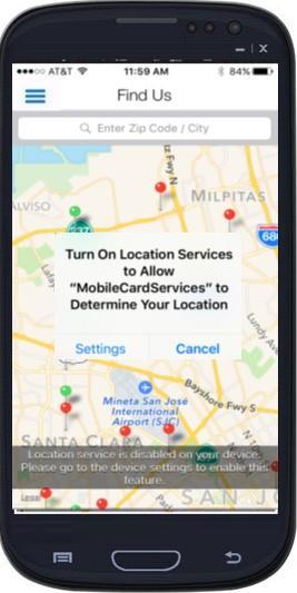 MyCardRules displays all local ATMs on a map. Green pins indicate ATMs belonging to your financial institution. Red pins indicate all other ATMs.