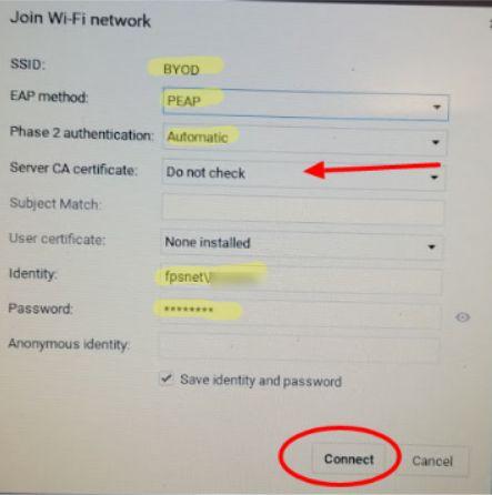 Chromebook: Click on wifi icon lower right corner of desktop Click on wifi connection Join (bottom of list) Complete form: SSID = BYOD EAP Method = PEAP Authentication= Automatic