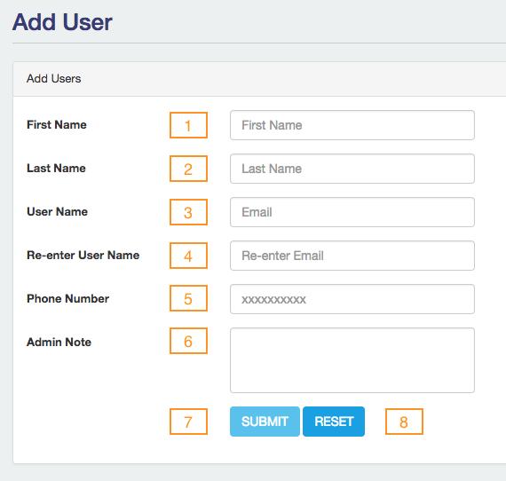 Fig. 2.6 The ADD USER page is shown in Fig. 2.6 1. First Name Please enter the First Name of the new user. 2. Last Name Please enter the Last Name of the new user. 3.