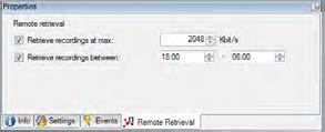 The Remote Retrieval tab gives access to set the maximum bandwidth that remote recordings can be retrieved with as well as the specifying the time interval they can be retrieved within.
