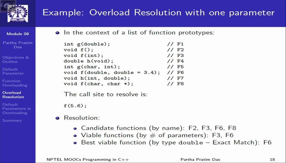 (Refer Slide Time: 03:28) So, let us take an example. Let us take an example of overload resolution with one parameter. Let us assume; concentrate on the list on top here.
