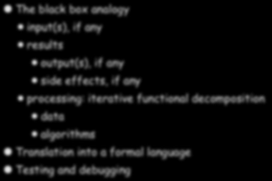 Procedural Abstraction The black box analogy input(s), if any results output(s), if any side effects, if any