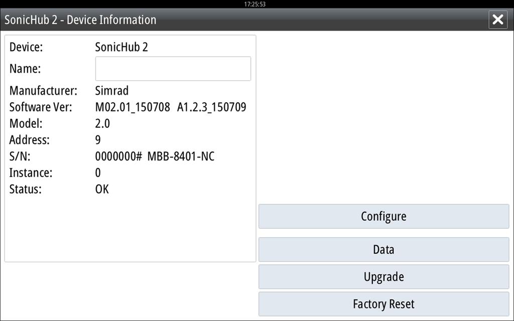 SonicHub 2 supported A SonicHub 2 connected to the NMEA 2000 network is supported. SonicHub 2 Device Information Open the Network Settings dialog and select the SonicHub 2 device in the Device list.