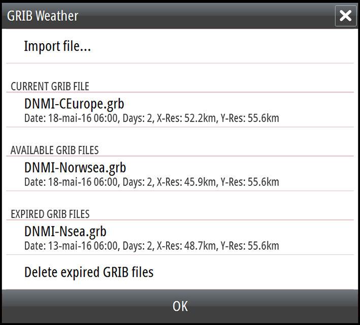 The Forecast menu option on the Chart panel displays the GRIB weather dialog. Use the import file option in this dialog to open the File manager and import a GRIB file into memory.