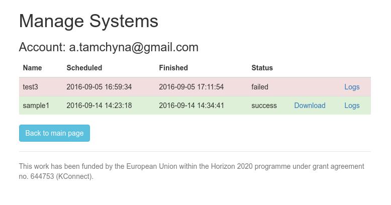 After scheduling your system for training, you can go back to the main page and check the training progress in the Manage Systems section: Note that when a system training run finishes (with either