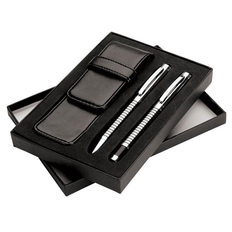 EXECUTIVE DESK Matching Pens & Case Set Chrome finish brass rollerball and ballpoint pen set with black printed barrel