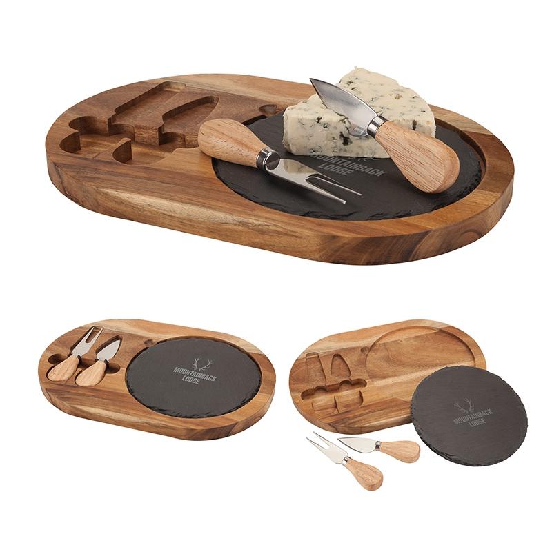 HOME ENTERTAINING Acacia Wood + Slate Cheese Set The Bon Appetit acacia wood cheese set includes a serving fork and knife and has a slate cutting / serving block