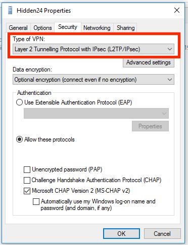 Step H: Under the tab Security, in the section Type of VPN, make sure that Layer 2