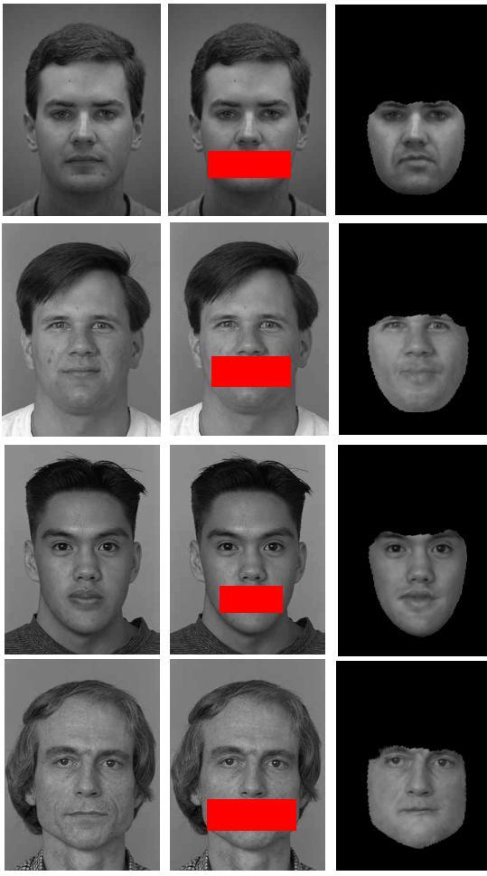 Model extrapolation. We use the statistics implicit in the data to extrapolate new face regions. In Figure 1, regions of novel faces not among the training pictures (left) are removed (center).