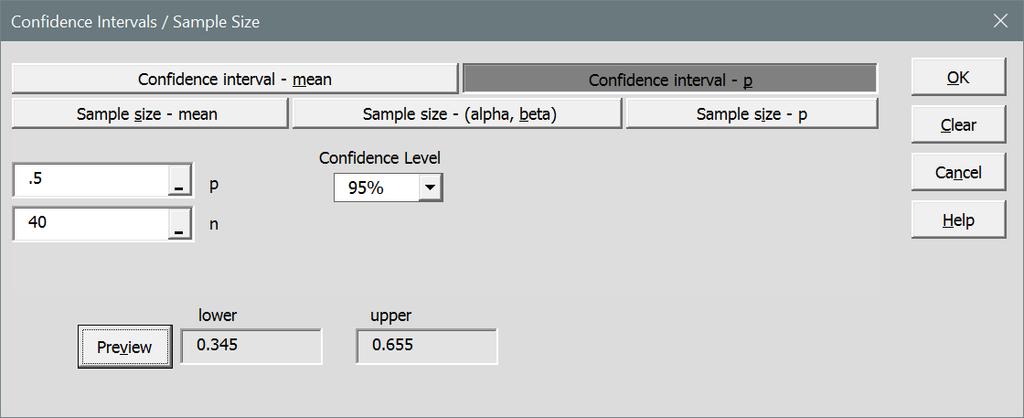 Confidence Intervals / Sample Size For each of the dialog boxes confidence levels of.99,.95, or.