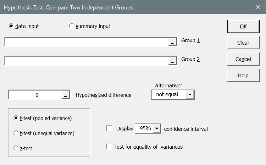 Compare Two Independent Groups All of the data selected for each group will be treated as a single group even if you select multiple
