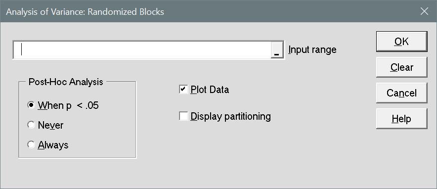 Randomized Blocks ANOVA Within the input range each column will be considered a treatment and each row will be a block. No missing or invalid data are allowed.