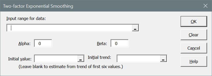 Two-factor Exponential Smoothing Select a single column of data as the input range of the data to be smoothed. Specify Alpha, the weight to be given to each new value of the smoothed series.