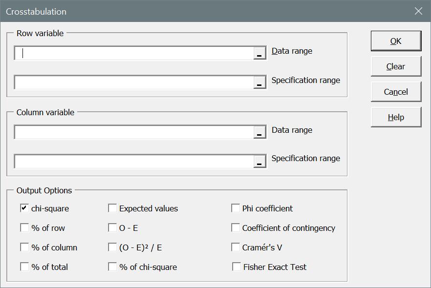 Crosstabulation This option calculates a two-factor crosstabulation table from qualitative data. Select the input data ranges for the row and column variables.