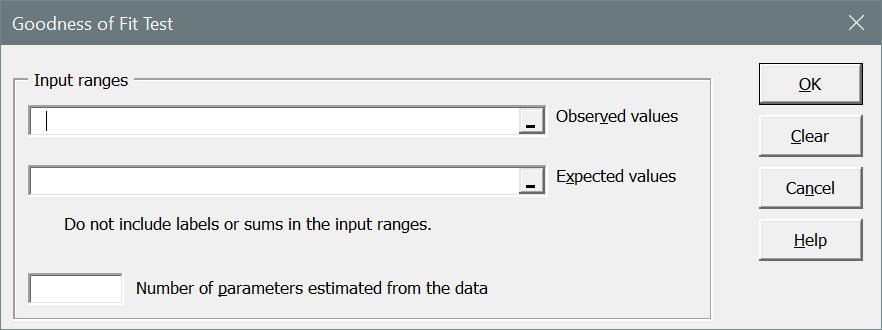 Goodness of Fit Test Select the input data ranges for the observed and expected frequencies. You must not include labels in the range.