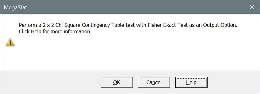 This test is an output option of the chi-square Contingency Table Test and assumes you have data in the form of a 2 x 2 contingency table.