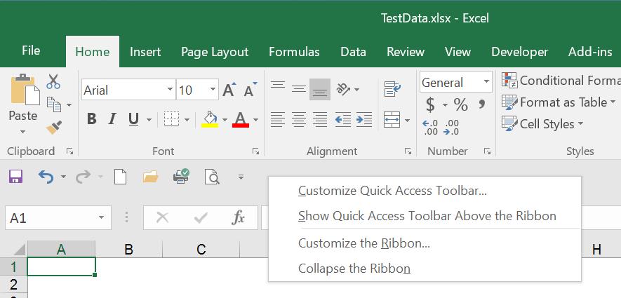 Figure A-2 Quick Access Toolbar shown below the ribbon. The right-click pop-up menu is also shown.