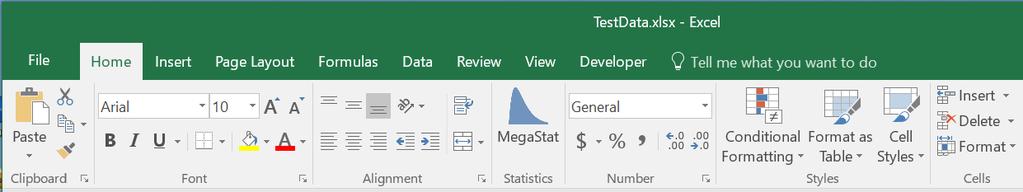 Figure A-7 MegaStat added to the Home ribbon. MegaStat on the Home ribbon If you wish, MegaStat can be placed on multiple ribbons. MegaStat will remain on the Data ribbon and cannot be removed.