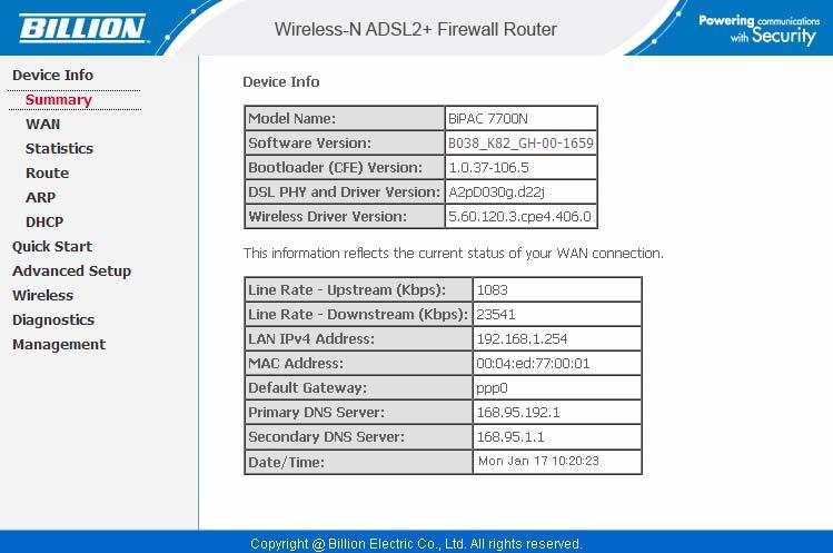 Summary The basic information about the device is provided here (the following is a configured screenshots to let users understand clearly). Device Information Model Name: Display the model name.