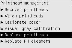 Printhead replacement must be performed with the printer switched on at the power isolation switch. 1. At the printer's front panel, select the icon, then Printhead management > Replace printheads.