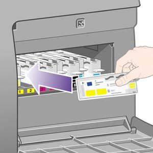 1. Insert each printhead cleaner into the correct color slot location, in the service station, in the direction indicated by the arrow shown here. 2.