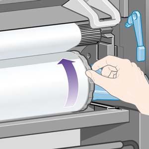 12. Wind the excess paper onto the roll. Use the paper stop to turn the roll in the direction shown. 13. Lower the window. 14. The front panel again prompts you to wind excess paper onto the roll. 15.