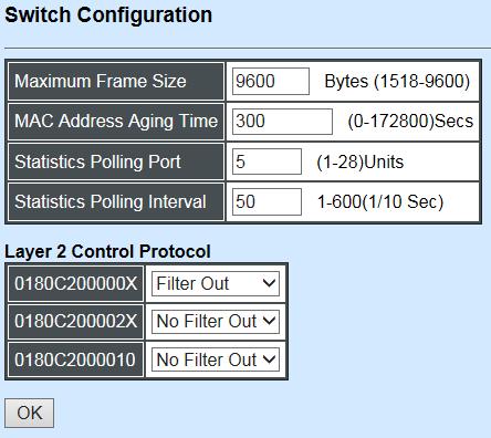15. Loop Detection Configuration: Enable or disable Loop Detection function and set up Loop Detection configuration. 4.5.1 Switch Configuration Click the option Switch Configuration from the Switch Management menu and then the following screen page appears.