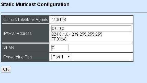 Current/Total/Max Agents: View-only field. Current: This shows the number of current registered static multicast configuration.