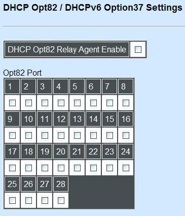 Configure Opt82/Opt37 Port Setting: Select the option DHCP Option 82 / DHCPv6 Option 37 Settings from the Security Configuration menu and then the following screen page appears.