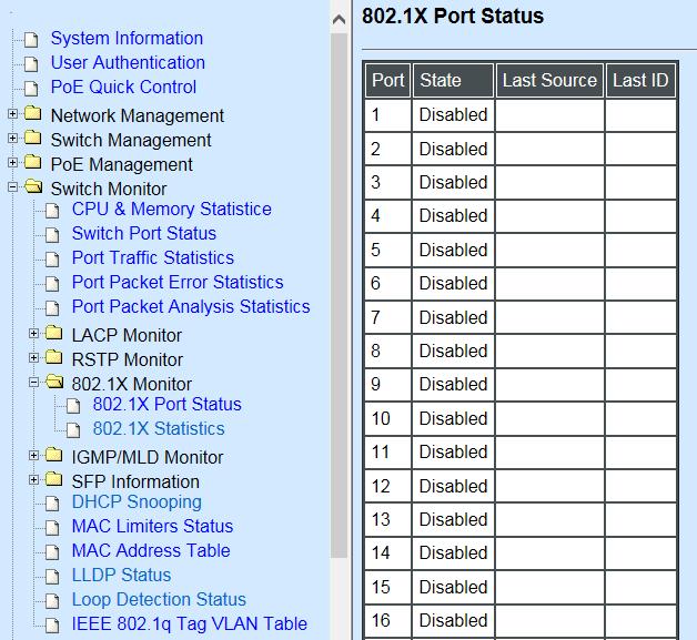 4.7.7.1 802.1X Port Status 802.1X Port Status allows users to view a list of all 802.